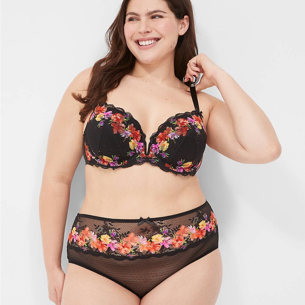 Cacique Black Bra with Colorful Floral Embroidery